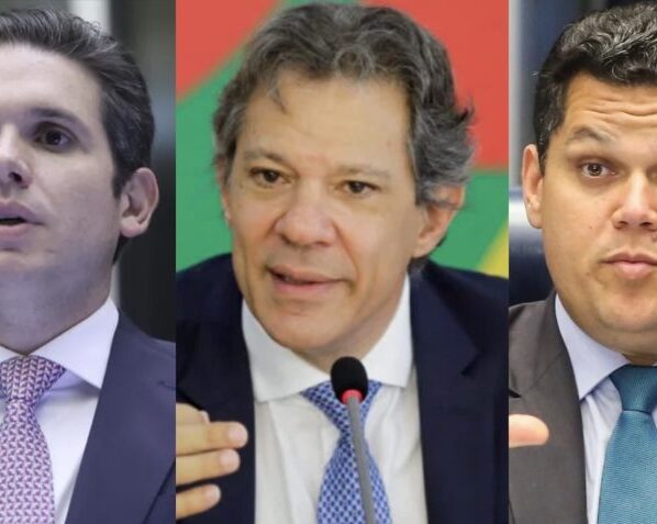 O presidente da Câmara, Hugo Motta (Republicanos-PB), o ministro da Fazenda, Fernando Haddad, e presidente do Senado, Davi Alcolumbre (União Brasil-AP