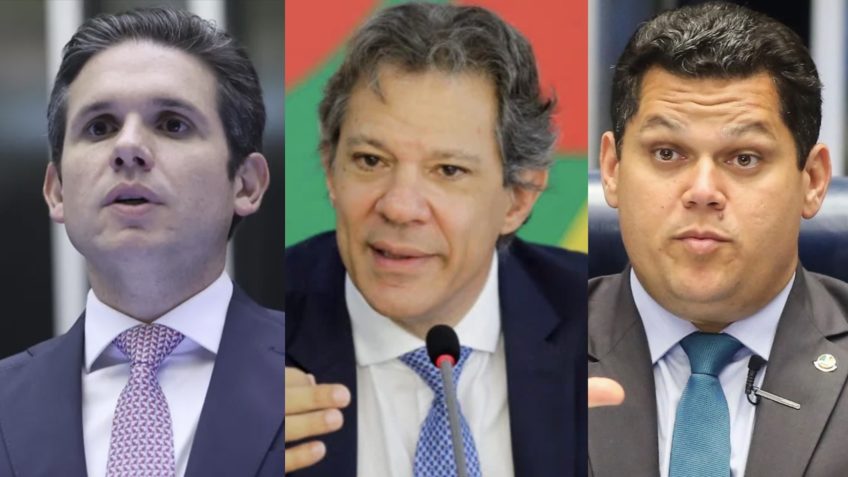 O presidente da Câmara, Hugo Motta (Republicanos-PB), o ministro da Fazenda, Fernando Haddad, e presidente do Senado, Davi Alcolumbre (União Brasil-AP