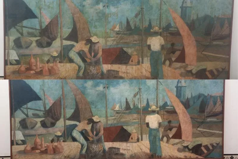 Imagens da obra antes (acima) e depois (abaixo) da restauração - Crédito: Divulgação/Mabe