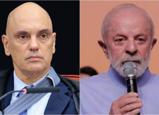 Na imagem acima, o ministro do STF Alexandre de Moraes (à esq.) e o presidente Lula (à dir.)