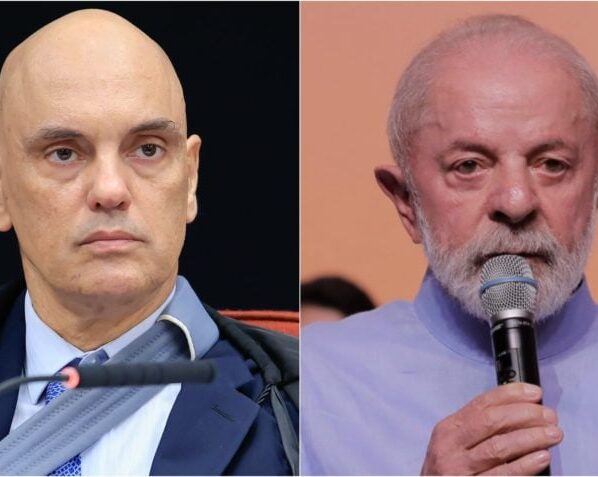 Na imagem acima, o ministro do STF Alexandre de Moraes (à esq.) e o presidente Lula (à dir.)